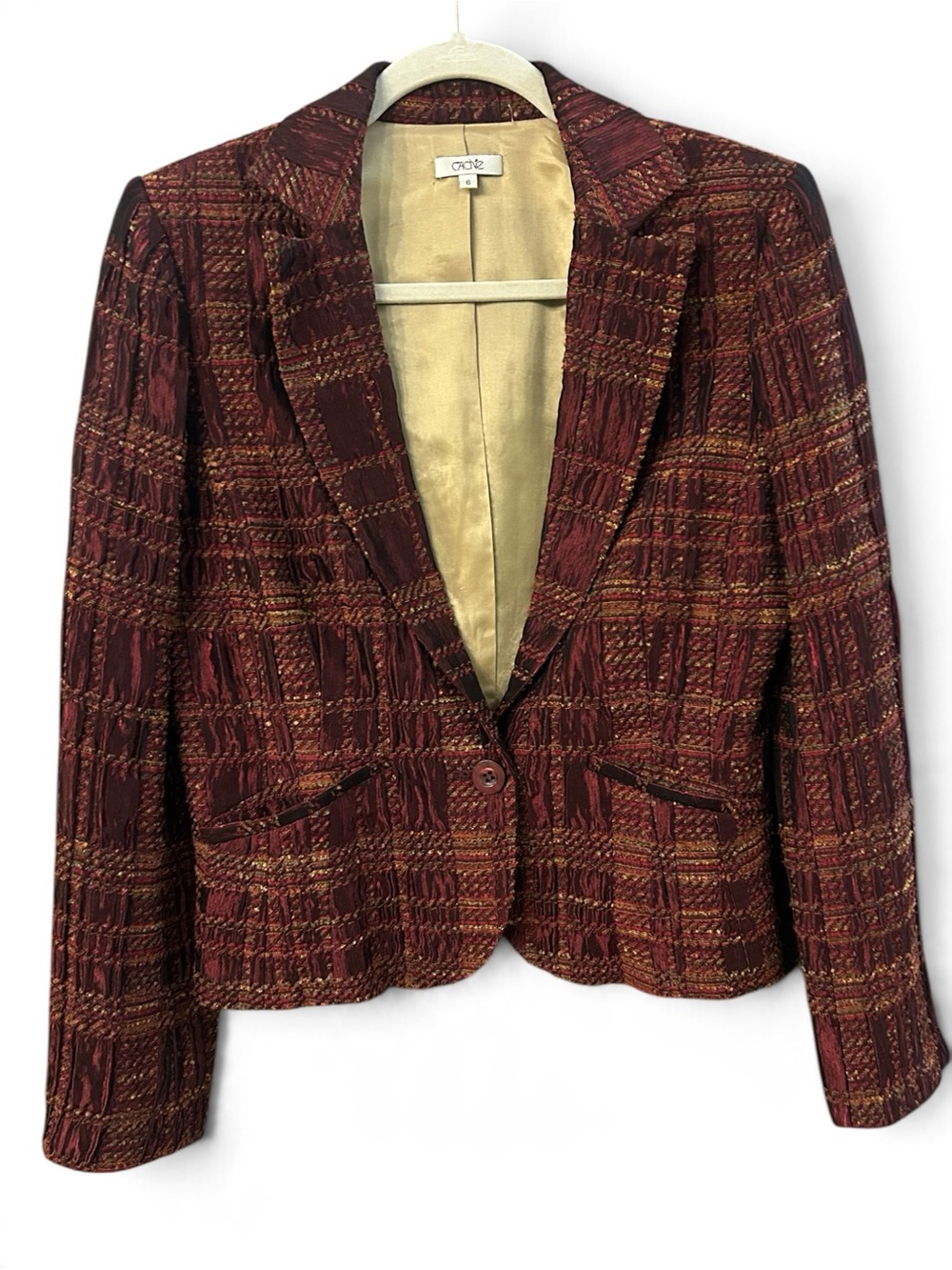 Cache Rare Vintage Cropped Plaid Women's Rich Burgundy Blazer